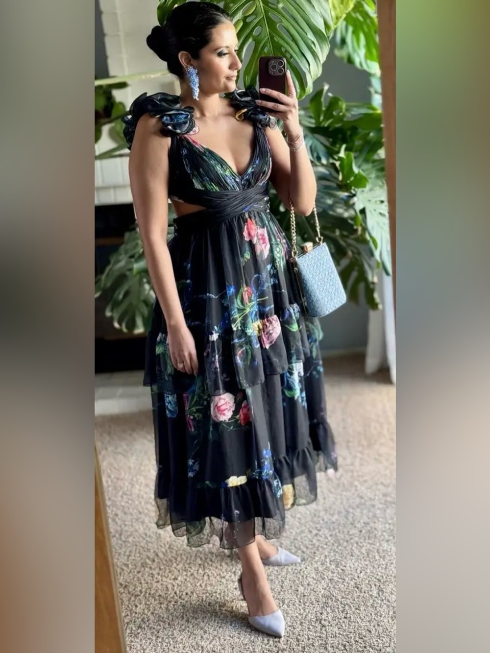 Mac Duggal Black Ruffle Tiered Floral Cut-Out Chiffon Dress Sz 6. - Picture 9 of 15